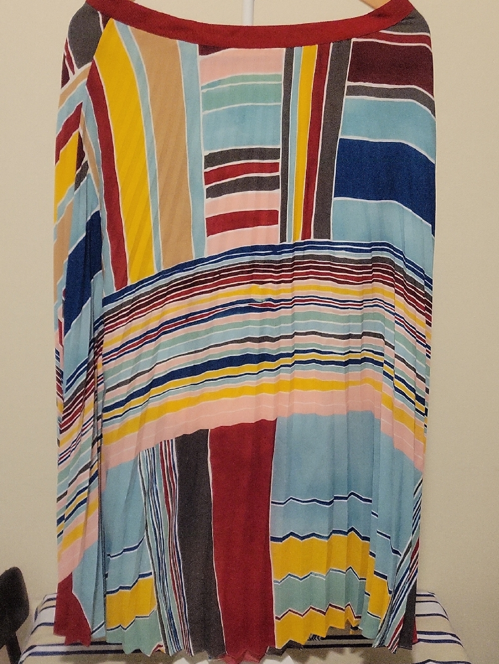 LOFT Multicolor Striped Pleated Midi Skirt - Blue, Yellow & Red